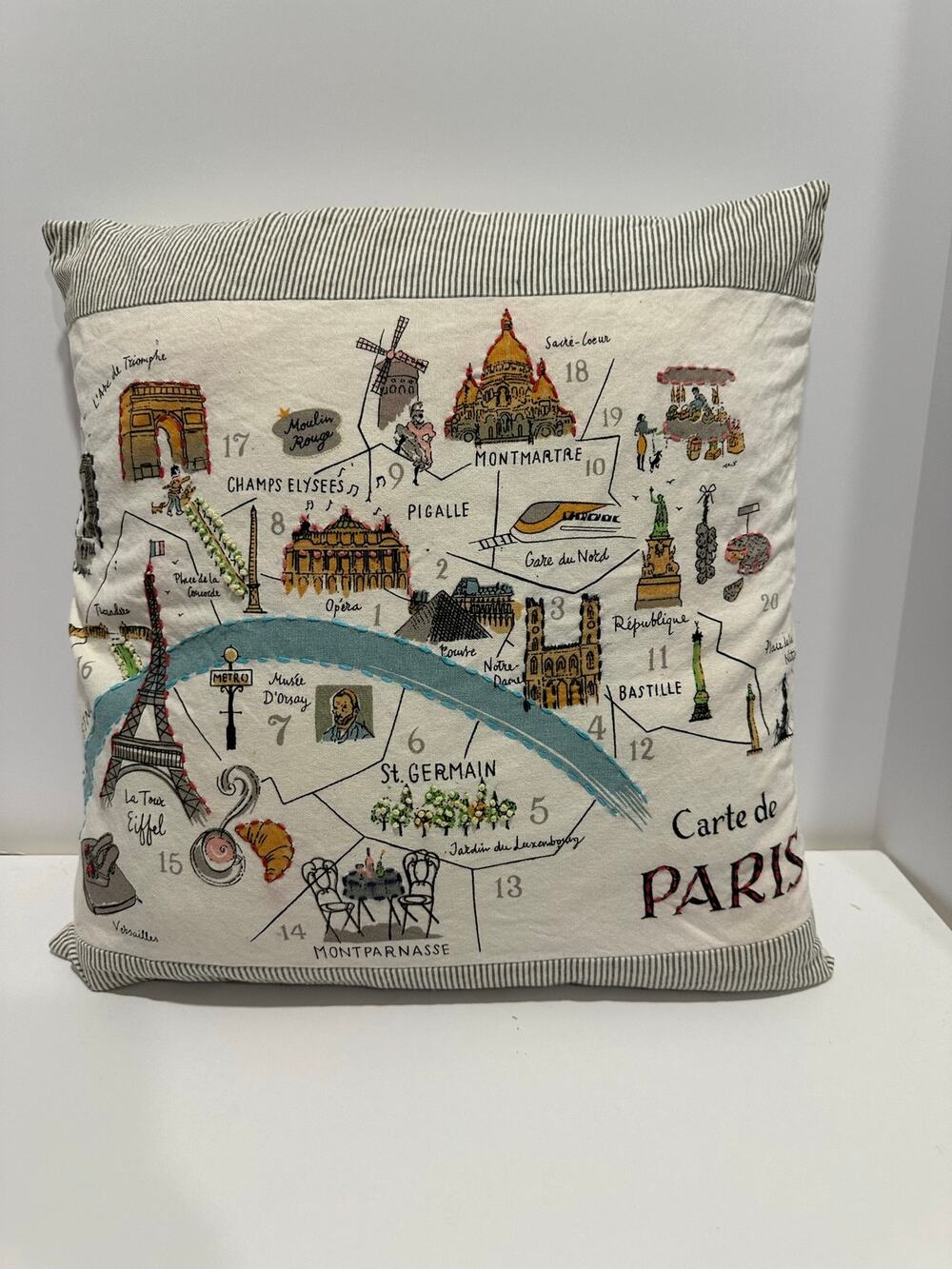 Map of Paris Embroidered Feather Pillow removable cover